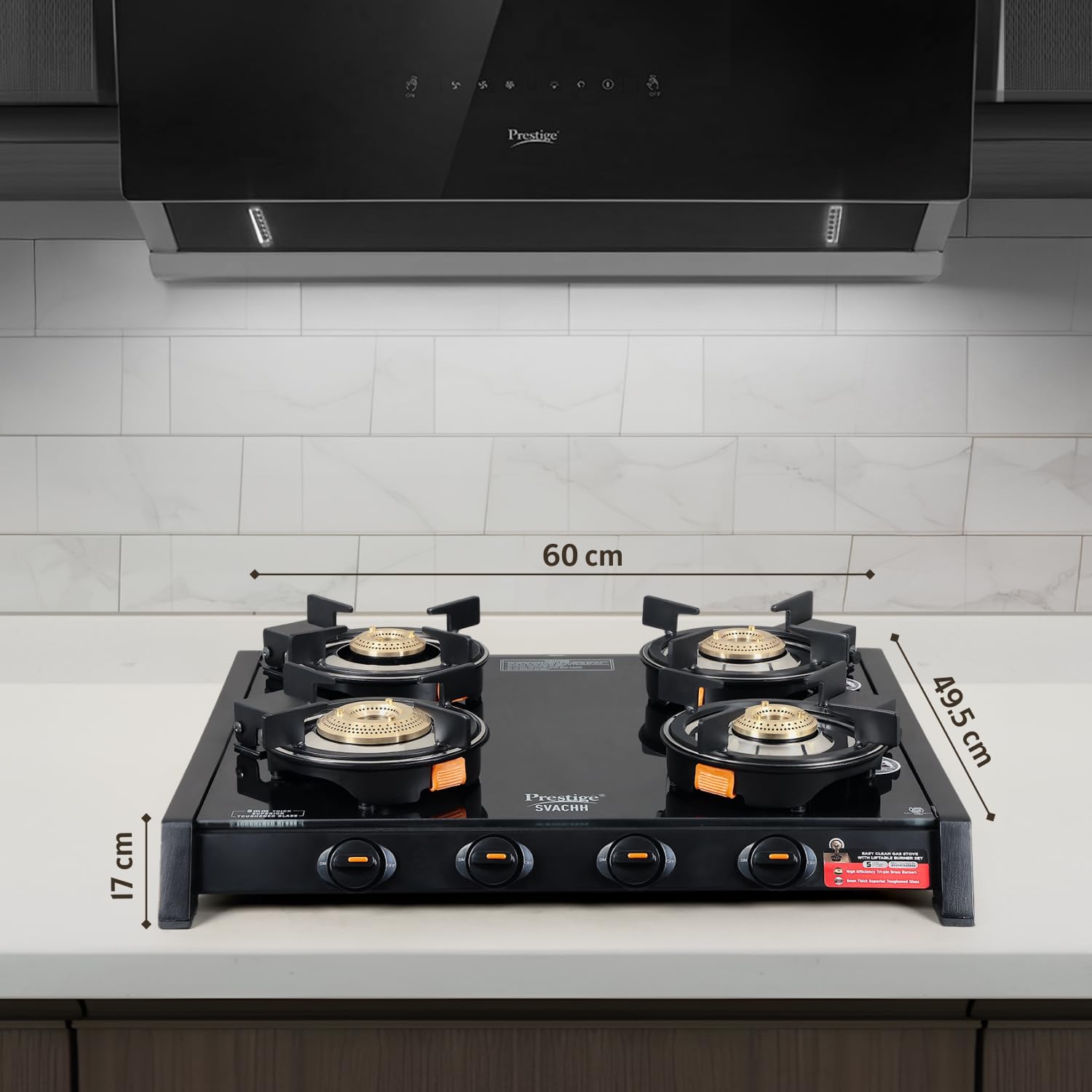 Prestige Svachh Glass Top Gas Stove with 4 Liftable Brass Burners for easy cleaning (GTSB-04) | Jumbo Brass Burner | Sturdy pan support | 2 years warranty | 5 years warranty on glass - Image 2