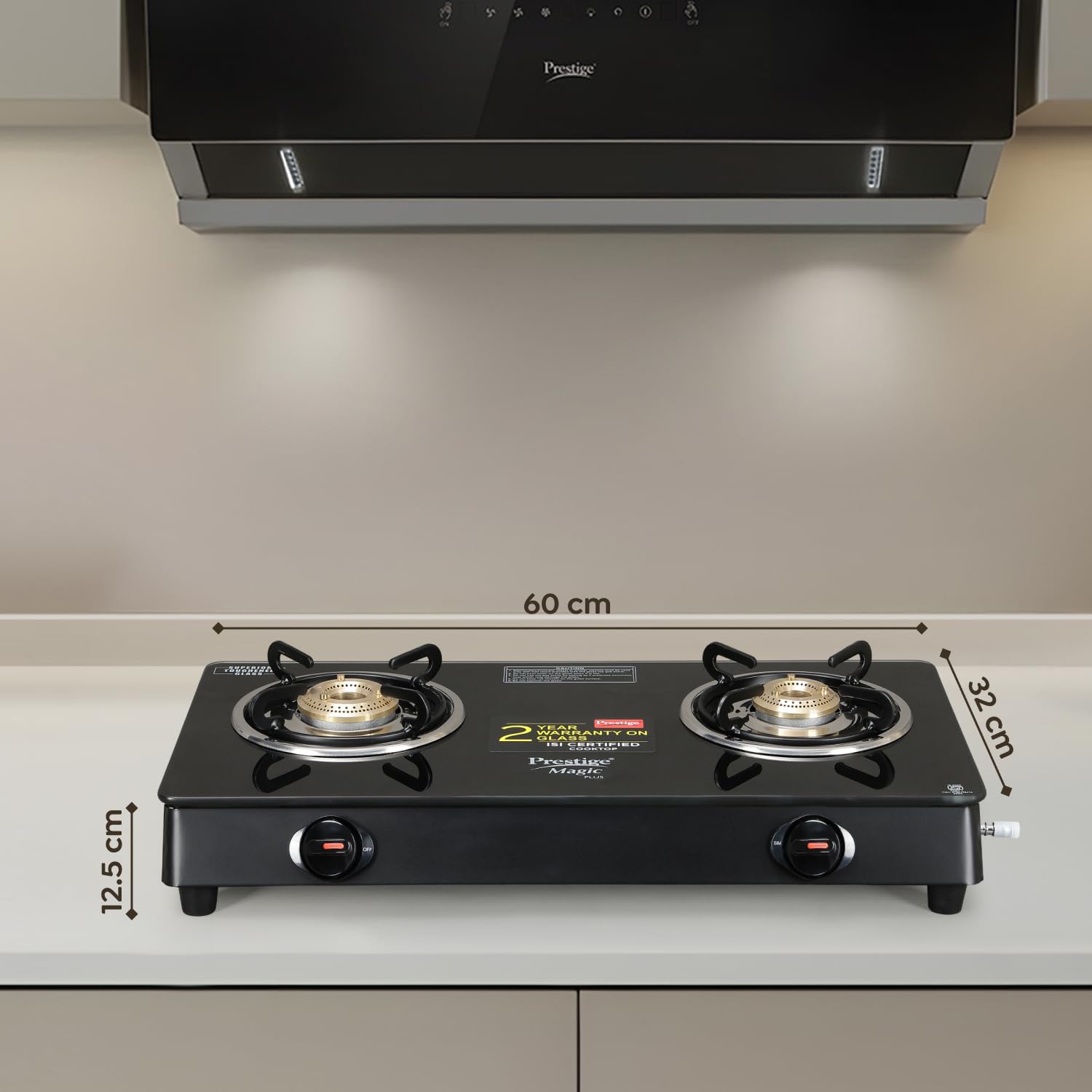 Prestige Magic plus Toughened Glass-Top 2 Brass Burner LPG Gas Stove(GTMP-02) | Black Spill Proof Design | Ergonomic Knob | Tri-Pin Burner - Image 2