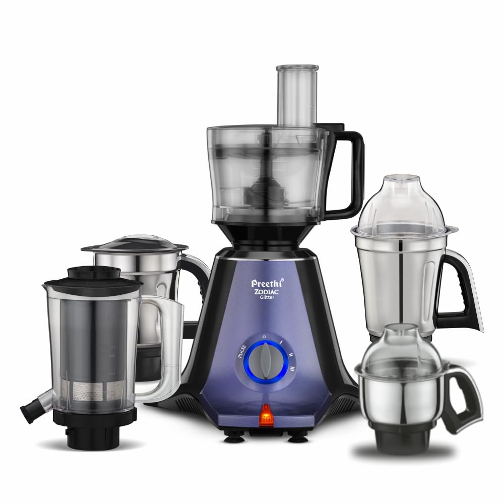 Preethi Zodiac Glitter MG 264, 750 Watts, 5 Jars including Masterchef Jar, Super Extractor, 5 Yr Motor Warranty & Lifelong Free service, Lavender/Black