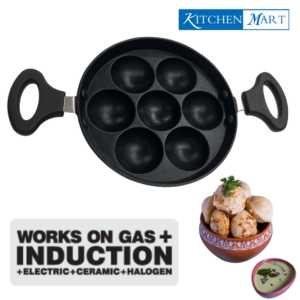 Kitchen Mart Non Stick Induction Base Paniyaram Pan 18 cms with 7 Holes (With Handles & steel lid)