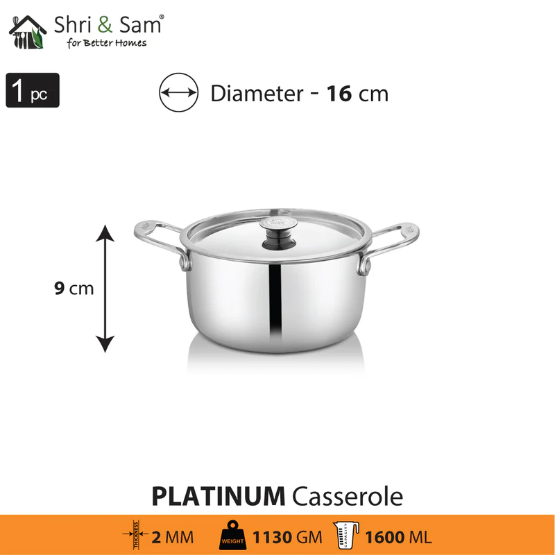 SHRI & SAM PLATINUM PLAIN CASSEROLE W/L SS 16CM - Image 2
