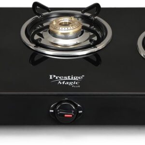 Prestige Magic plus Toughened Glass-Top 3 Brass Burner LPG Gas Stove(GTMP-03) | Black Spill Proof Design | Ergonomic Knob | Tri-Pin Burner