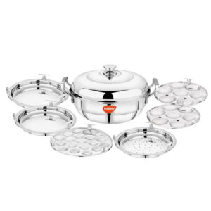 TRIPLUS Triply Stainless Steel Multi Kadai with 6 Plates | 2 Idly Plates, 2 Dhokla Plates, 1 Mini Idly Plate, 1 Steamer Plate | Make Idlis, Dhokla, Momos, Modaks, Veggies & More | Induction & Gas Compatible
