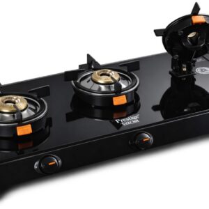 Prestige Svachh Glass Top Gas Stove with 3 Liftable Brass Burners for easy cleaning (GTSB-03) | Jumbo Brass Burner | Sturdy pan support | 2 years warranty | 5 years warranty on glass