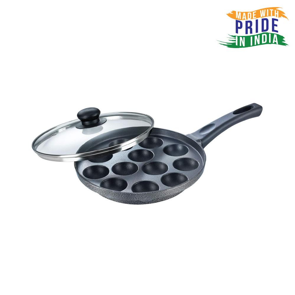 Prestige Aluminium Omega Select Plus Non Stick Paniyarakkal with Lid (24 cm, Black)- Gas Top Compatible Only, Black