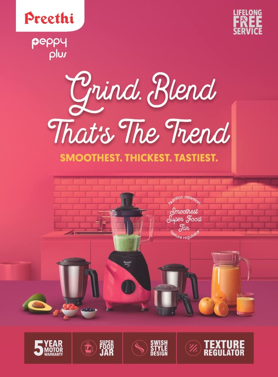 Preethi Peppy Plus MG-246 Mixer Grinder, 750 watt, Red-Black, 4 Jars - Super Food Jar with Texture Builder & 3D Airflow Technology, Vega W5 Motor with 5yr Warranty & Lifelong Free Service, Standard - Image 2