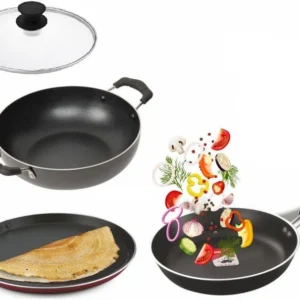GREENCHEF TRINITY IB N/S 3PCS GIFT SET TAWA 280MM+FRY PAN 240+KADAI 240MM WITH GLASS LID