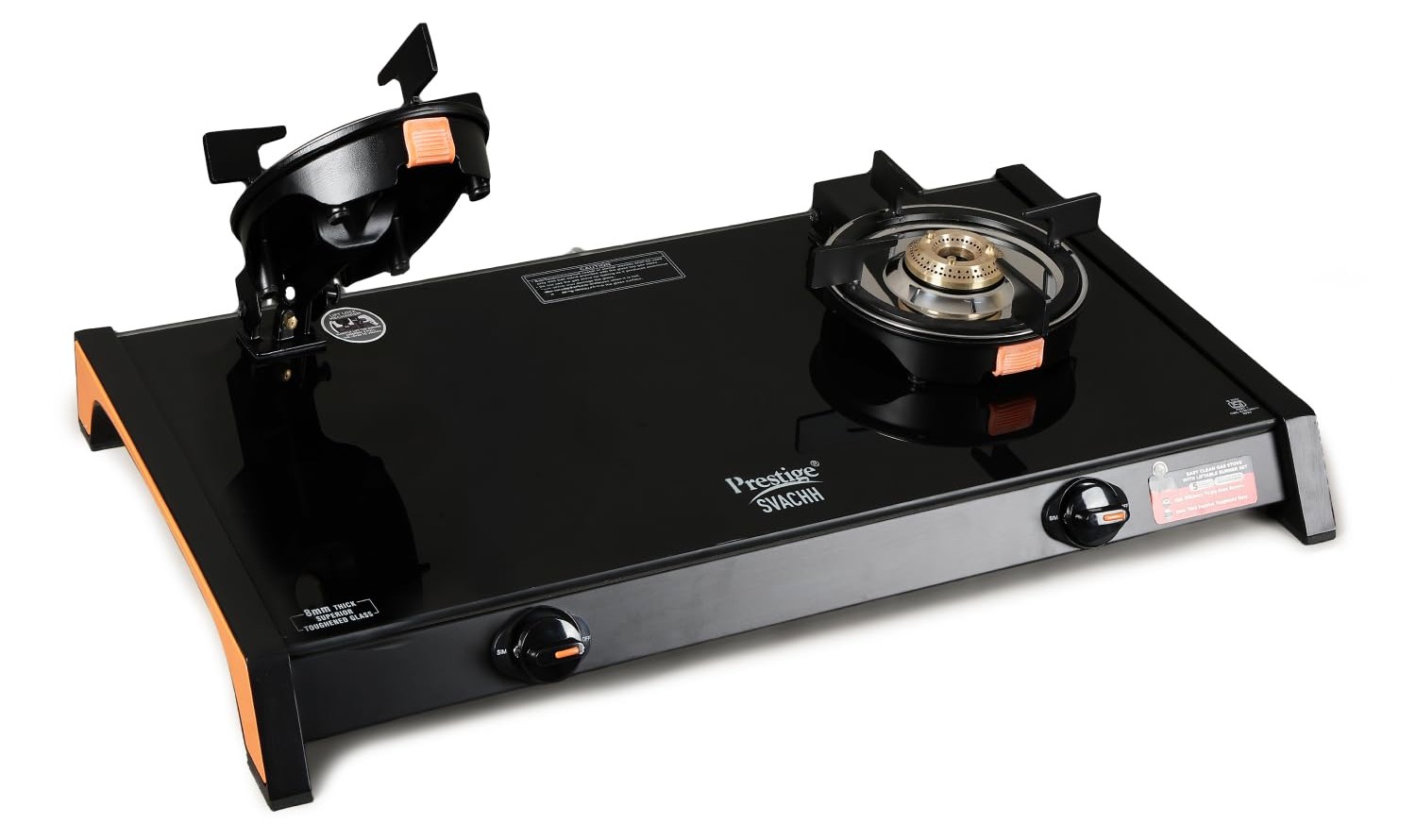 Prestige Svachh Glass Top Gas Stove with 2 Liftable Brass Burners for easy cleaning (GTSB-02) | Sturdy pan support | 2 years warranty | 5 years warranty on glass