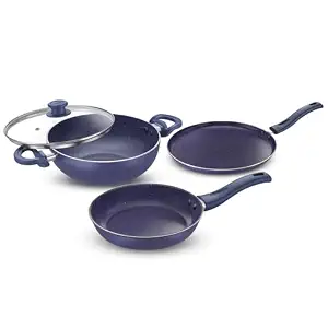 Prestige Ceraglide 3Pcs Set Omni Tawa 28Cm / Fry Pan 24Cm / Deep Kadai 24Cm With Glass Lid