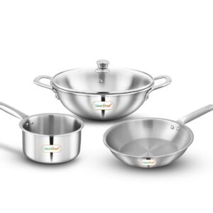 GREENCGEF SS TRIPLY STEEL CREST COMBO KADAI 220MM FRYPAN 220MM SAUCEPAN 140MM