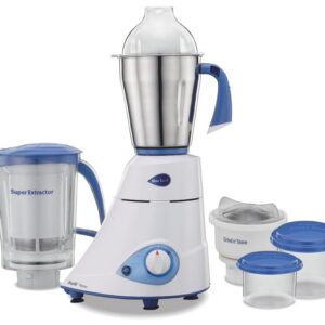 Preethi Platinum Mixer Grinder for Kitchen | 110V, 550W, Mixie, 3 Jars | Super Extractor Juicer Jar with 2 Air-Tight Containers, White/Blue(MG-153) - Only use in USA & Canada