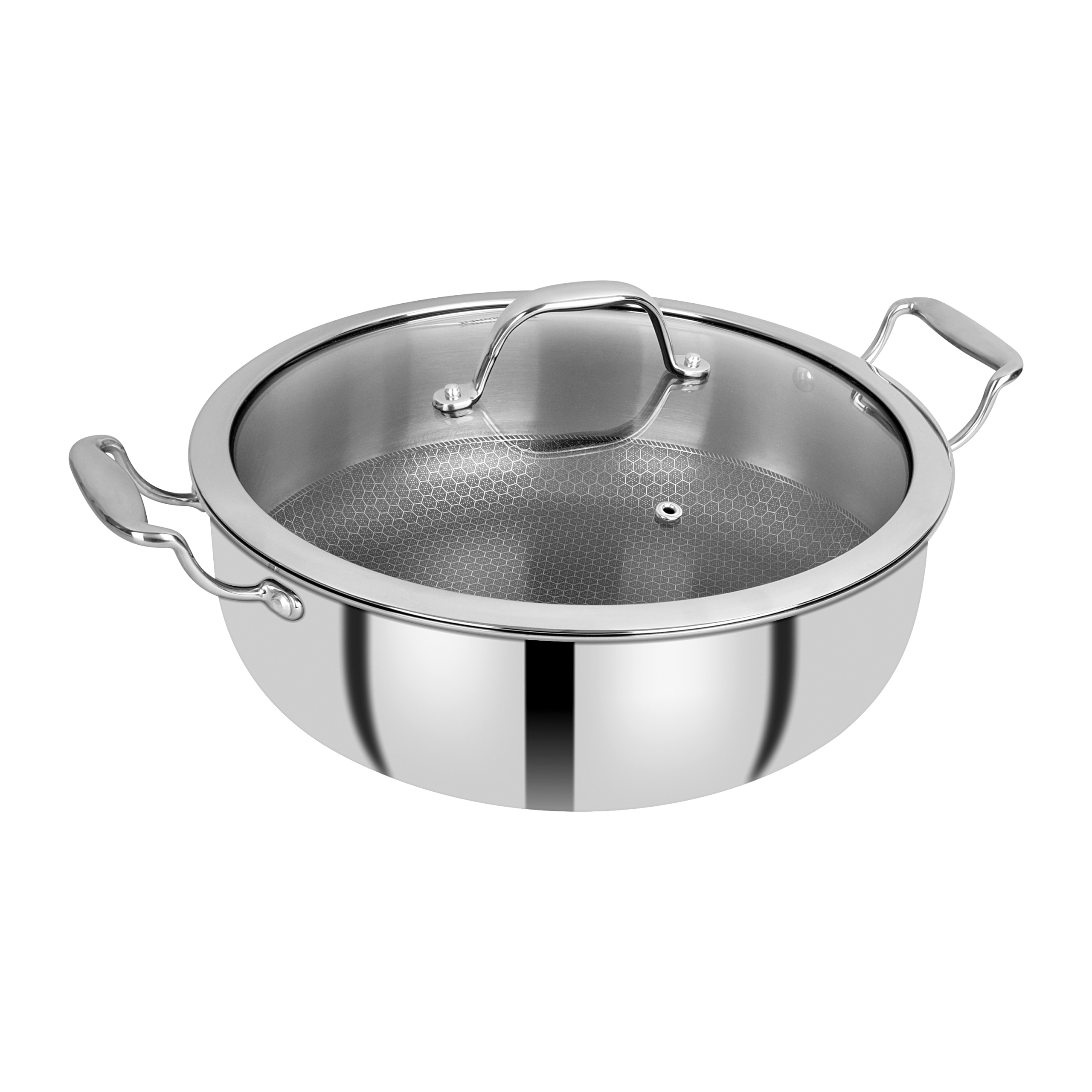 Bergner Hitech Triply Stainless Steel Non-Stick Cook & Serving Pan/Fryer/Cooking Pot with Glass Lid, Induction and Gas Compatible, Metal Spatula Friendly (Silver)
