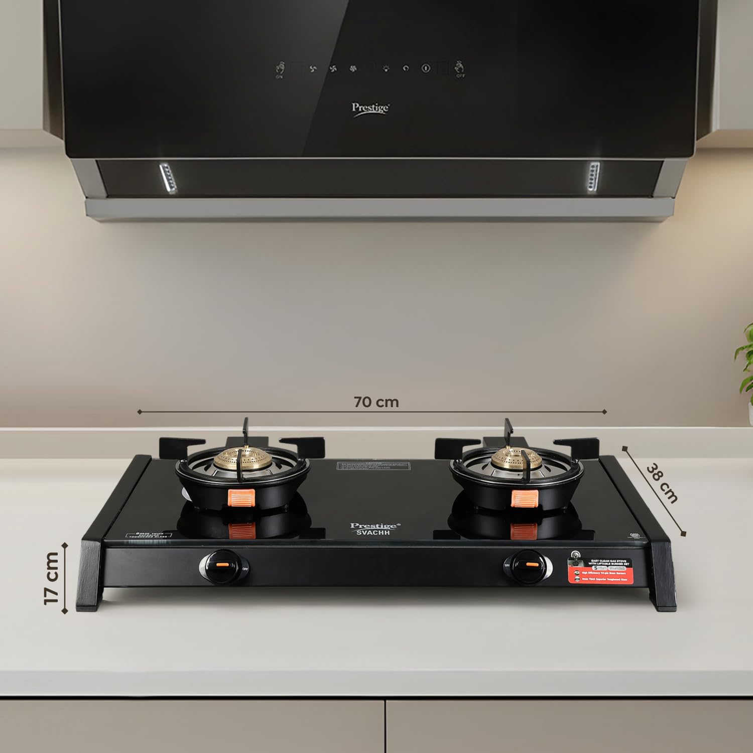 Prestige Svachh Glass Top Gas Stove with 2 Liftable Brass Burners for easy cleaning (GTSB-02) | Sturdy pan support | 2 years warranty | 5 years warranty on glass - Image 2