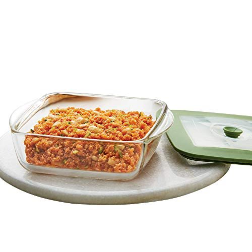 Borosil Dish-Square W/Green Lid 1Ltr