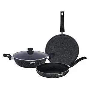 Prestige Cookware Set Svachh Granite 3Pc Set Omni Tawa 28Cm / Kadai 24Cm With Glass Lid / Fry Pan 24Cm
