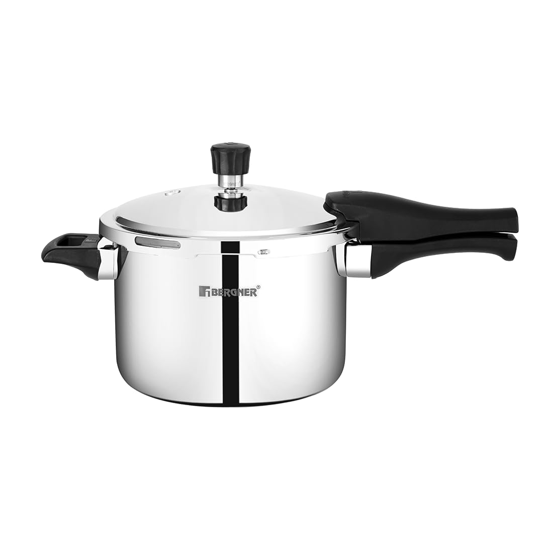 Bergner Trimax Stainless Steel Outer-Lid Pressure Cooker, Durable Triply Construction, Easy and Secure Locking, Silicone Gasket for Enhanced Seal, Induction and Gas Ready, Silver