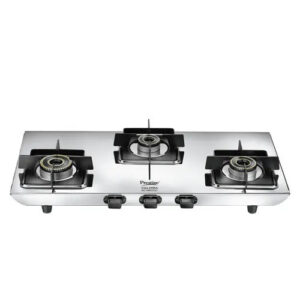 Prestige Valora 3 Burner Stainless Steel Gas Stove with Designer Forged Brass Burners & Wind Guard Pan Support