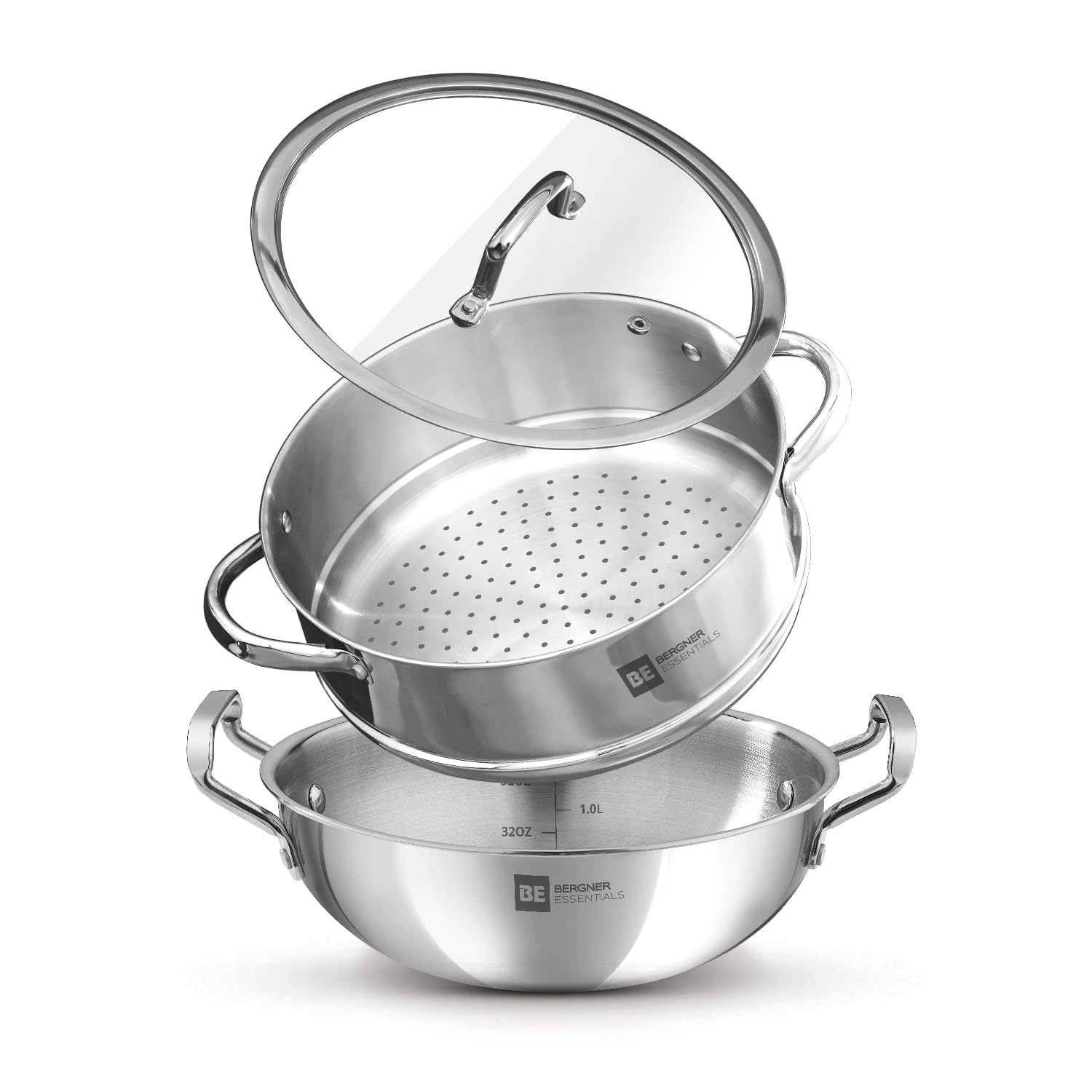 Bergner BE Bergner Essentials Tri-Ply Stainless Steel 3 Pcs Cookware Set of Kadai and Steamer with Flat Glass Lid, Kadhai and Steamer Set, Induction, Silver, 5-Year Warranty by Bergner