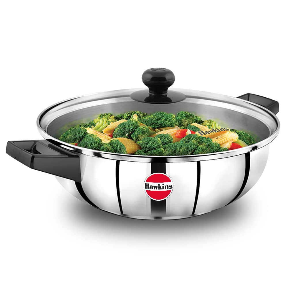 Hawkins Cook n Serve Frying Pan, Stainless Steel Fry Pan with Glass Lid, Induction Frying Pan, Frypan for Cooking and Serving, Silver