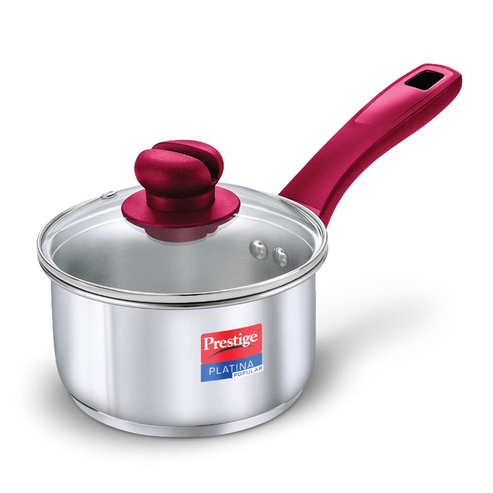 Prestige Platina Popular Stainless Steel Unique Impact Forged Bottom Sauce Pan with Glass Lid (Silver)