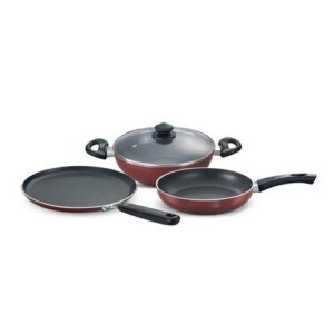 Prestige Cookware Set Omega Deluxe 3Pcs Set Omni Tawa 25Cm / Fry Pan 24Cm / Kadai 24Cm With Glass Lid