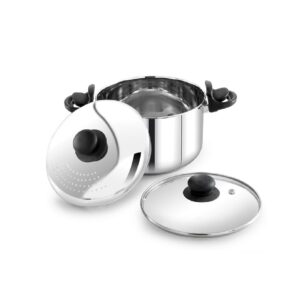 Stainless Steel Strainer Pot with Glass Lid - Induction Base Cooking Pot for Rice ,Pasta, Noodles, Vegetables, Rice - Anti-Locking Rice Strainer Cooker