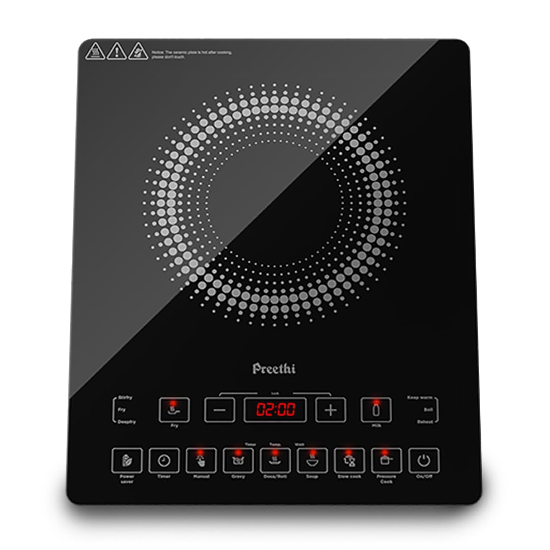Preethi Indicook IC125 | 2100-Watt Induction Cooktop | Fast Gas-Free Cooking | No LPG Required || 3 Year Coil Warranty | Voltage surge protetion | Preset Indian Menus | Crystal Glass Plate | Black