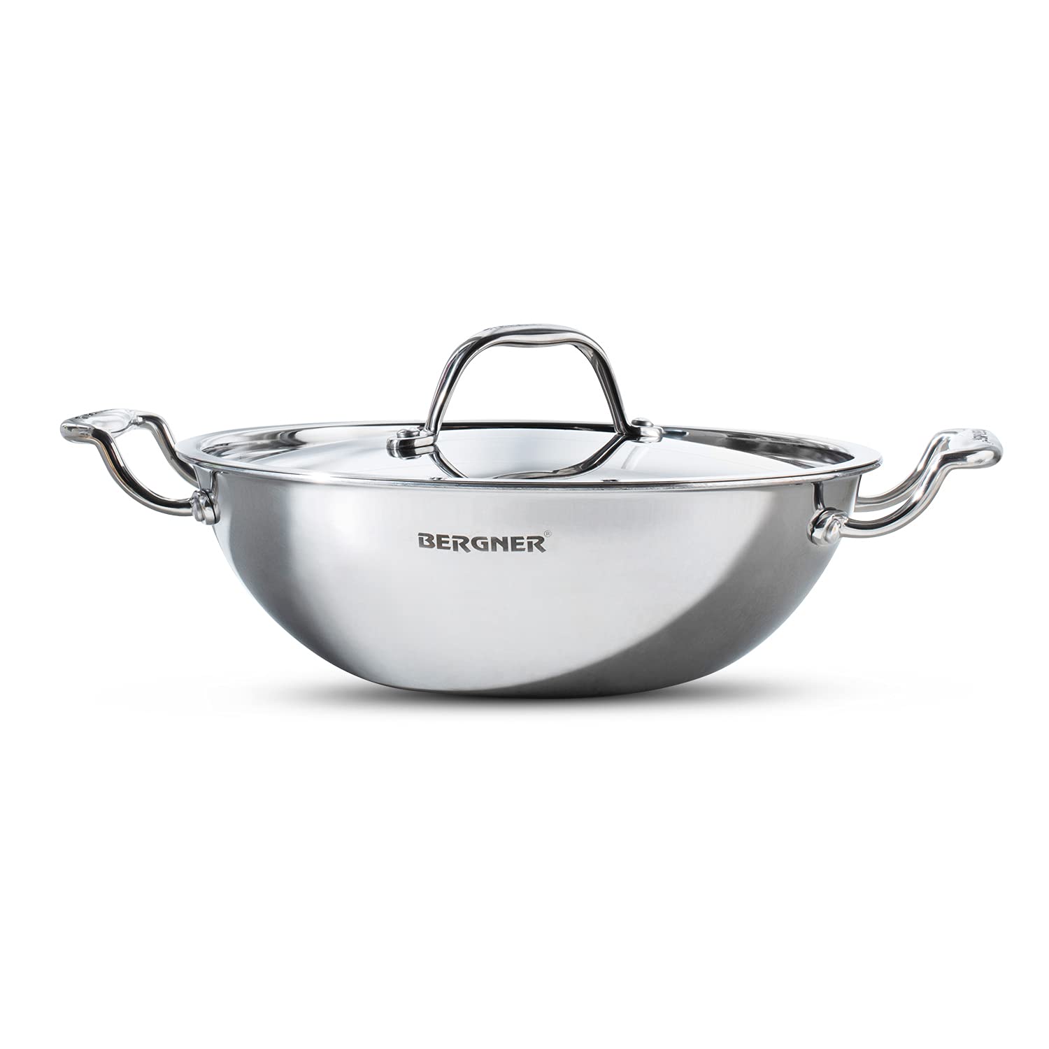 Bergner Argent Triply Stainless Steel Kadhai with Stainless Steel Lid, Induction Base, Silver