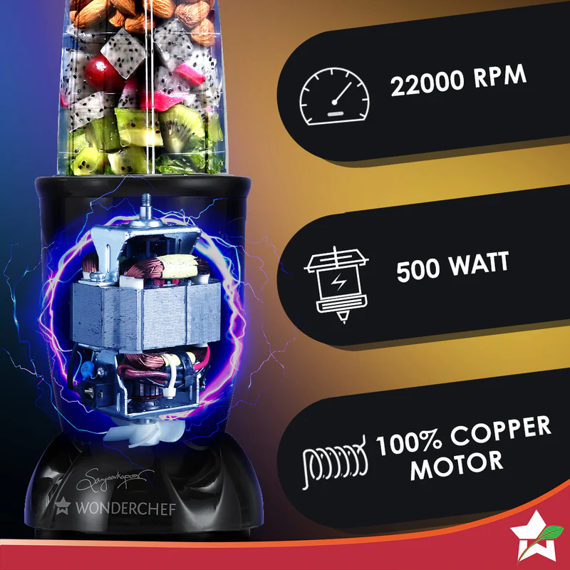 WonderChef Nutri-blend, 500W, 22000 RPM 100% Full Copper Motor, Mixer-Grinder, Blender, SS Blades, 2 unbreakable Jars, 2 Years warranty, Recipe book by Chef Sanjeev Kapoor - Image 3
