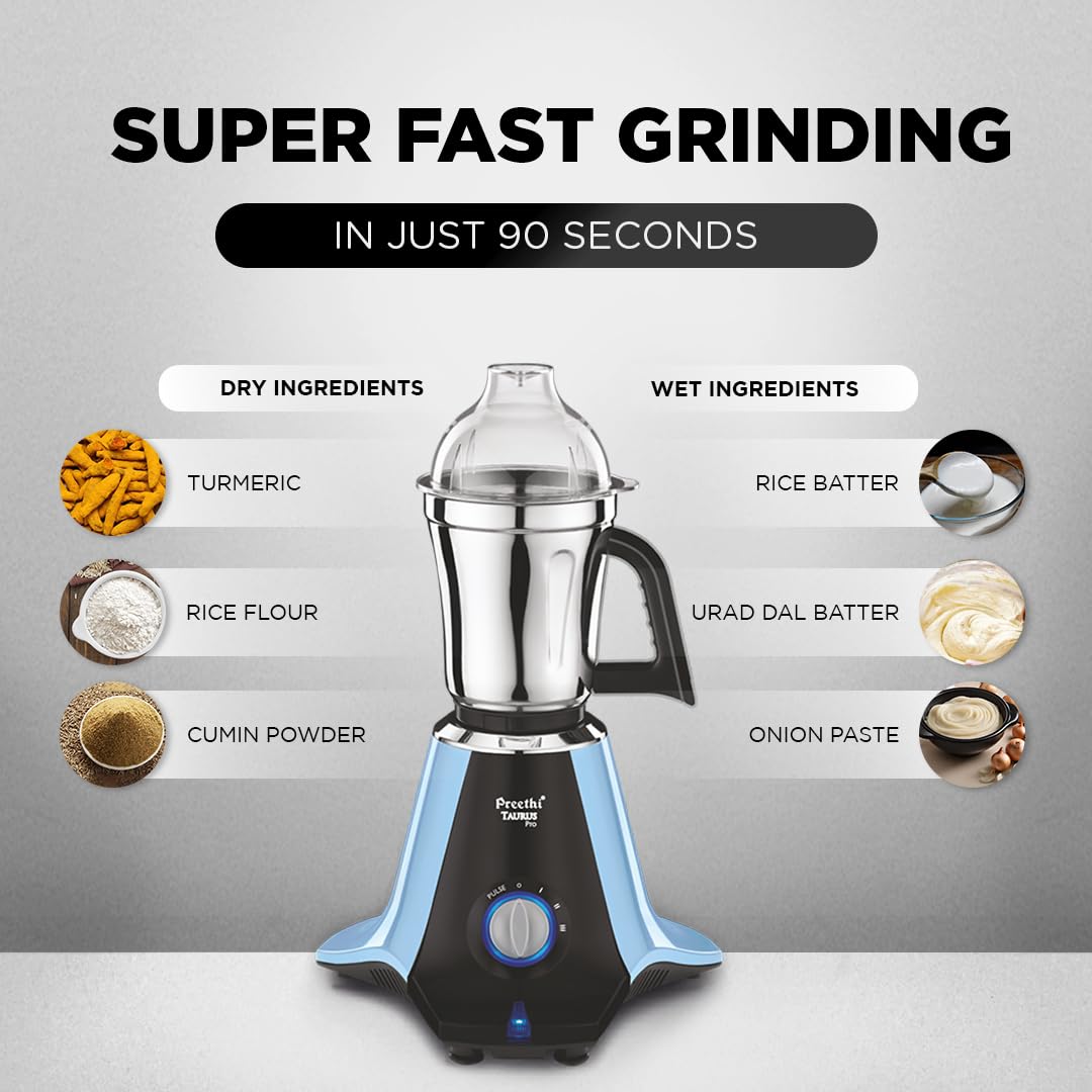 Preethi Taurus Pro Mixer Grinder for Kitchen, 3 Jars 1000 Watt Mixie, Dry and Wet Grinder Jar, 2 Year Warranty, Blue-Black, (Mg-259) Plastic - Image 2