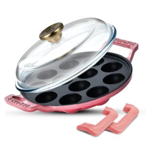BERGNER Excalibur Cast Iron Paniyarakal 22cm 12 Pits with Lid – Pink