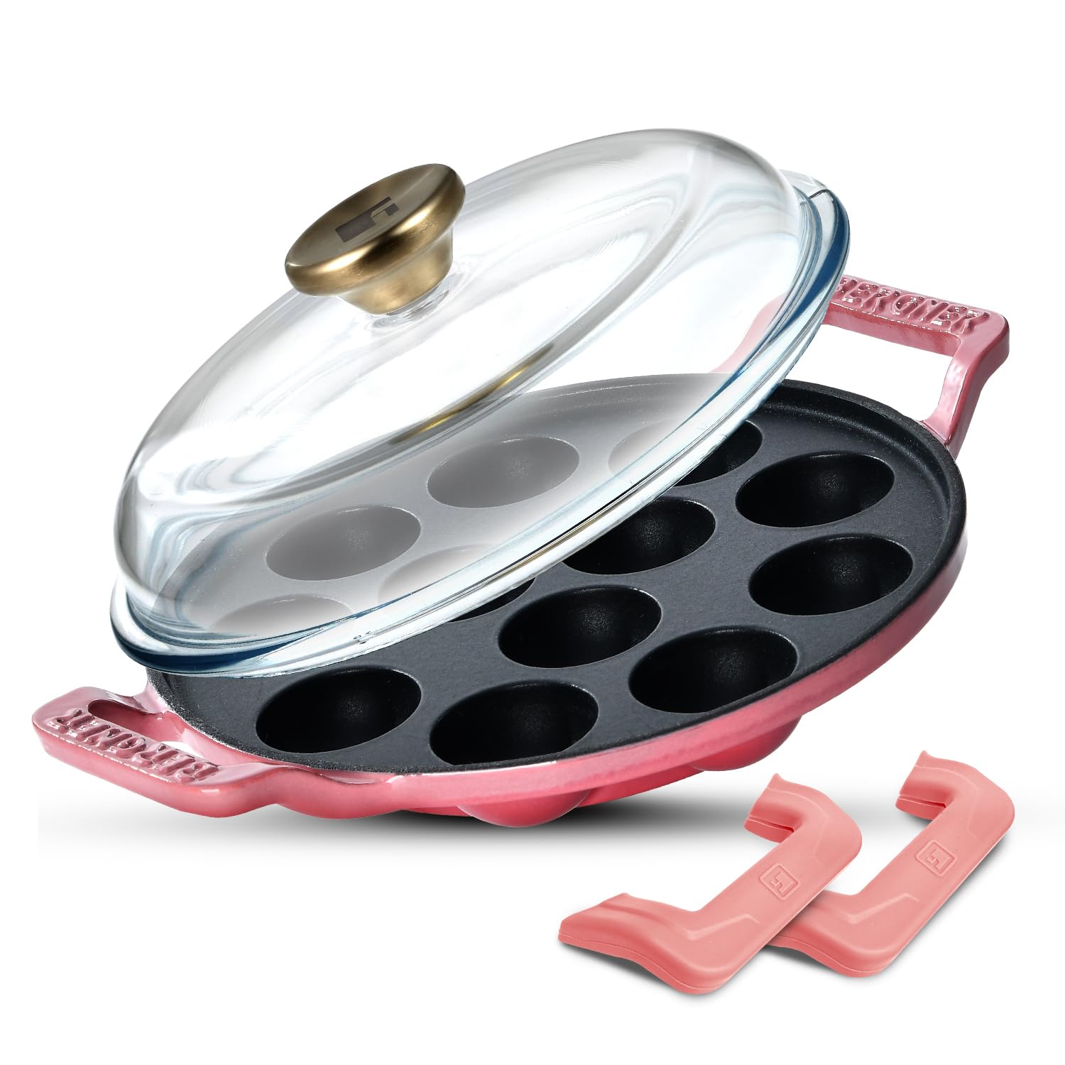 BERGNER Excalibur Cast Iron Paniyarakal 22cm 12 Pits with Lid – Pink