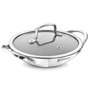 Bergner Argent Samsara Tri-Ply Stainless Steel 21cm Appachetty with Glass Lid, Quantanium Coating Inside, Consumes Less Oil - Gas Stove Compatible