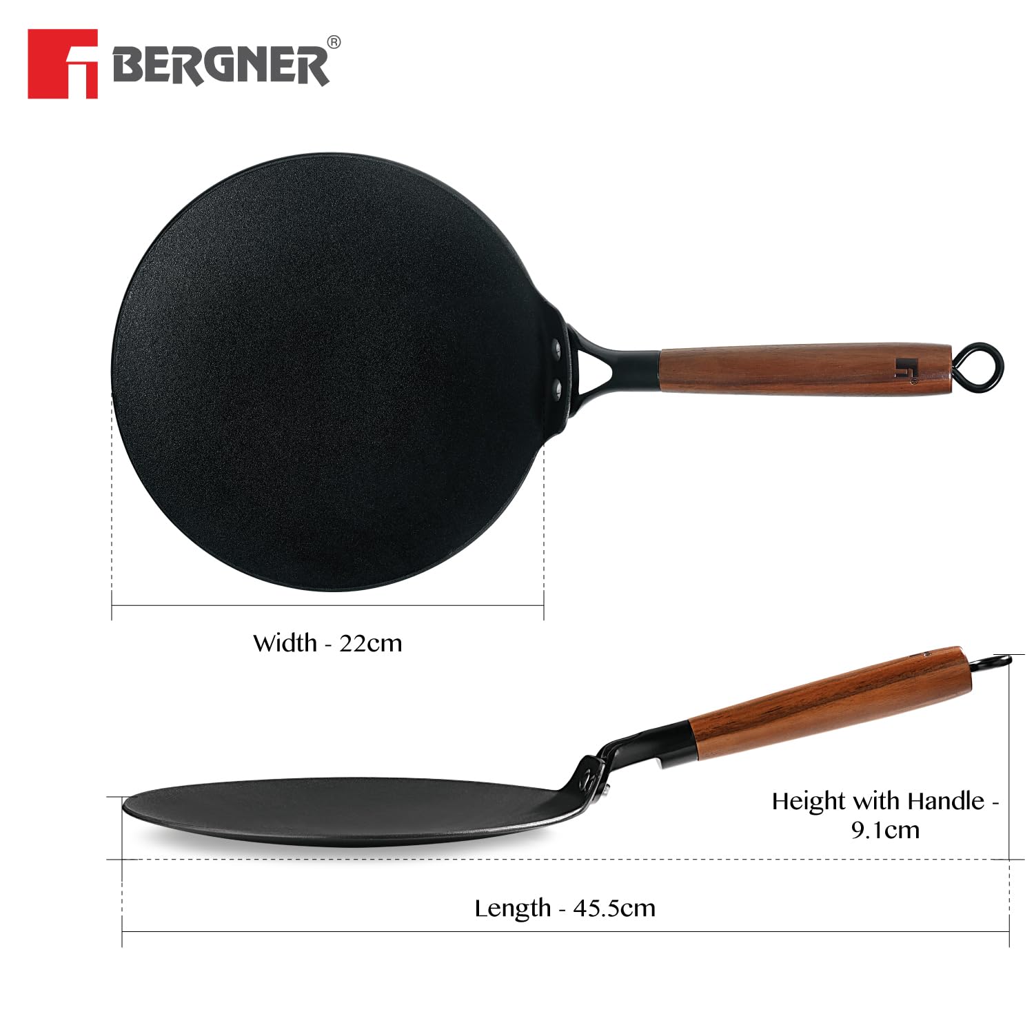 Bergner Odin Cast Iron roti Tawa with Wooden Coated Handle