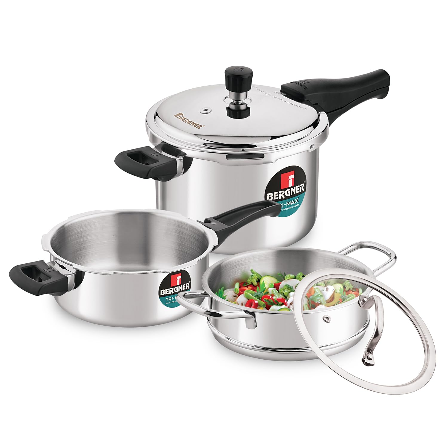 Bergner Tri-Max TriPly Pressure Cooker Combo 5L+3L with 20cm Steamer