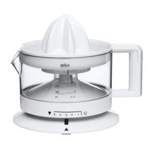 Braun Electric Citrus Juicer, CitrusQuick 1, Automatic Juicer for Citrus Fruits, Auto Stop Start Function, 2-Way Rotation, Portable Fruit Squeezer, Transparent Jar, Pulp Control, 20 Watt, CJ-3000