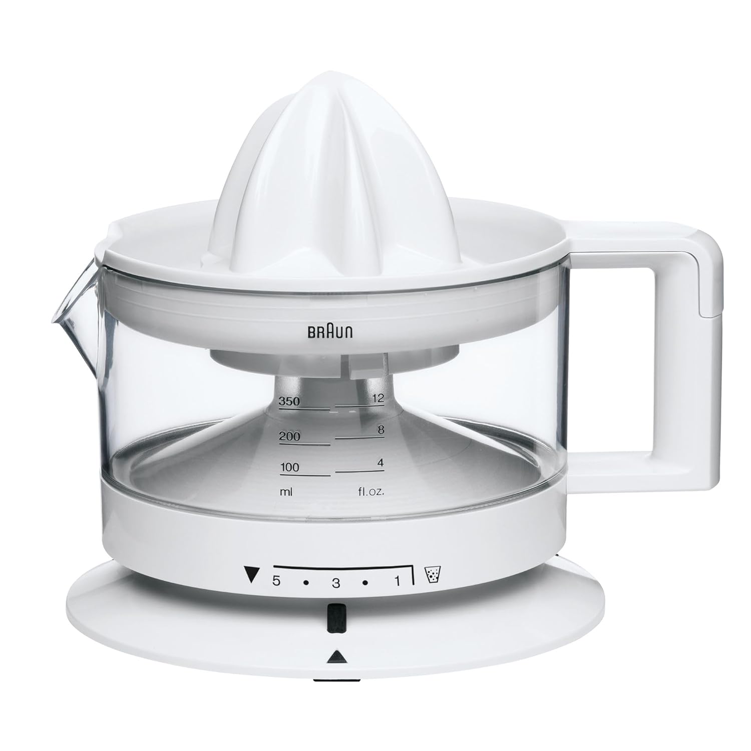 Braun Electric Citrus Juicer, CitrusQuick 1, Automatic Juicer for Citrus Fruits, Auto Stop Start Function, 2-Way Rotation, Portable Fruit Squeezer, Transparent Jar, Pulp Control, 20 Watt, CJ-3000