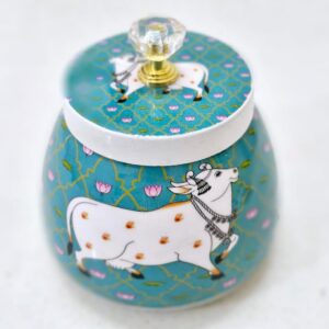 LIME 4" Round Shape Metal Gifting Storage Container Pichwai Jar Box (Random Color Design)