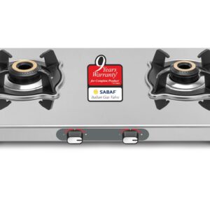 Sujata Majestic 2 Burner Stainless Steel Gas Stove – SABAF Italian Valve, 5G Forged Brass Burners, Manual Ignition, ISI Certified, LPG & PNG Compatible, 9 Years Warranty