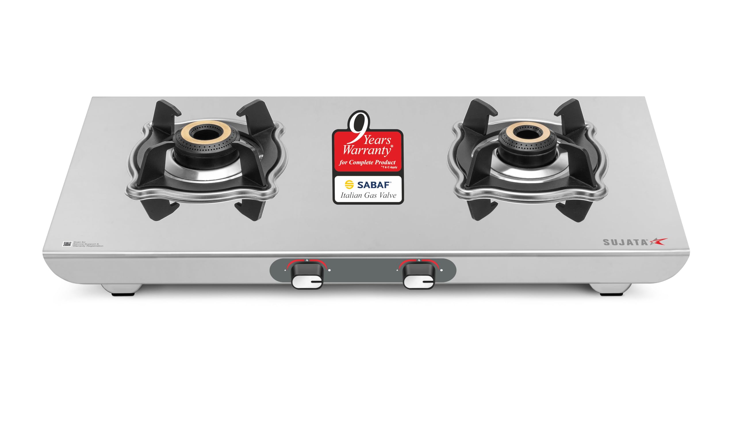 Sujata Majestic 2 Burner Stainless Steel Gas Stove – SABAF Italian Valve, 5G Forged Brass Burners, Manual Ignition, ISI Certified, LPG & PNG Compatible, 9 Years Warranty