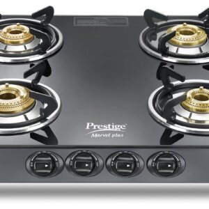 Prestige Marvel Plus 4 Burner GTM 04 SQ Glasstop Gas Stove|Superior Toughened Glass|Jumbo Brass Burner|360 Degree Revolving Nozzle|Spill Proof Design|5 Years Warranty on Glass|Black
