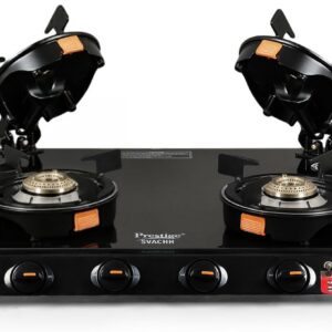 Prestige Svachh Glass Top Gas Stove with 4 Liftable Brass Burners for easy cleaning (GTSB-04) | Jumbo Brass Burner  | Sturdy pan support | 2 years warranty | 5 years warranty on glass