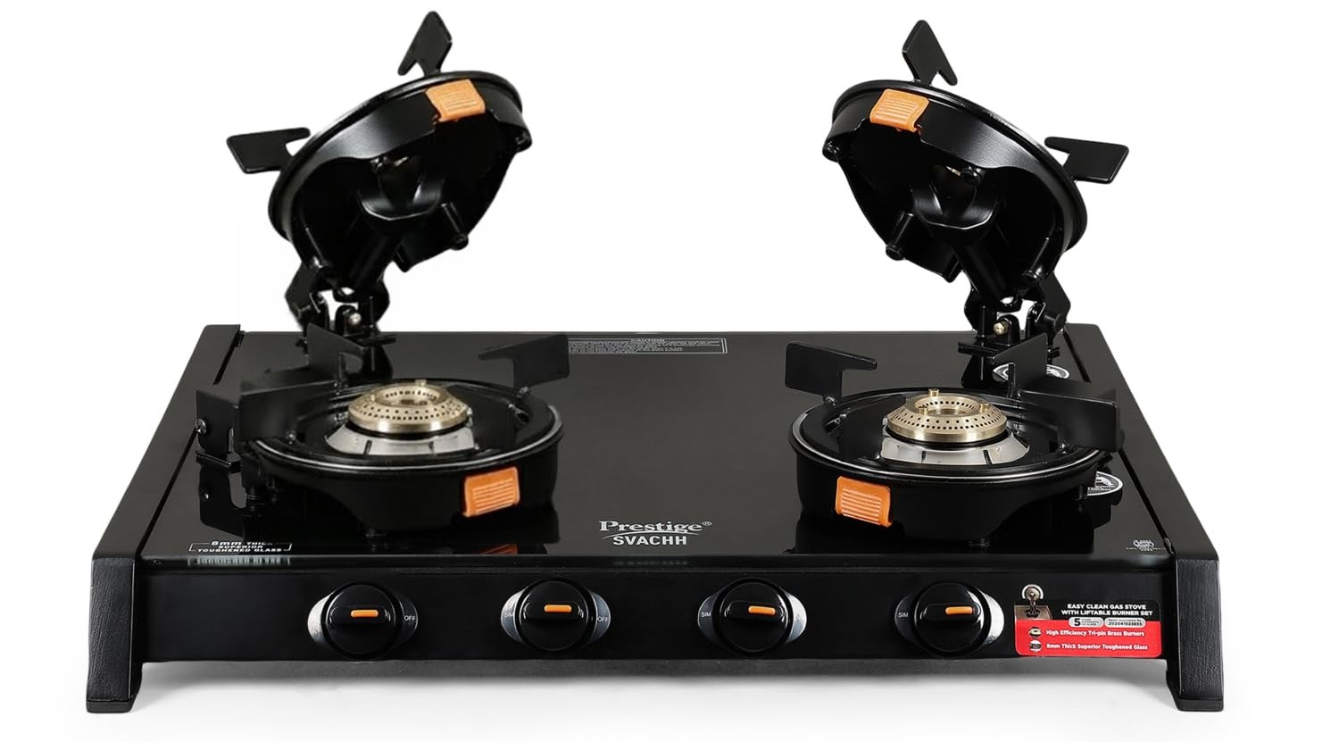Prestige Svachh Glass Top Gas Stove with 4 Liftable Brass Burners for easy cleaning (GTSB-04) | Jumbo Brass Burner | Sturdy pan support | 2 years warranty | 5 years warranty on glass