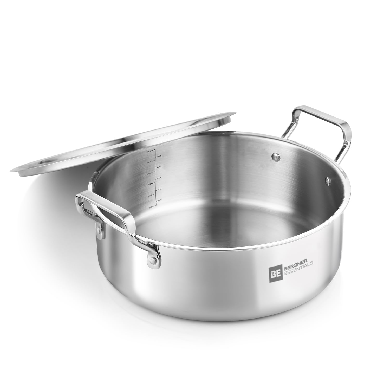 Bergner BE Bergner Essentials TriPly Stainless Steel Shallow Biryani Pan with Stainless Steel Lid, Shallow Tope/Langri for Biryani, Induction & Gas Compatible, 5-Year Warranty