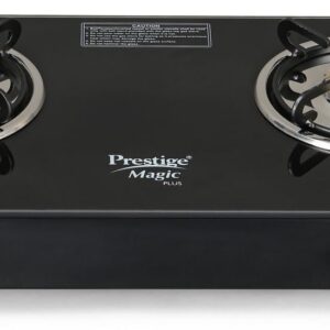 Prestige Magic plus Toughened Glass-Top 2 Brass Burner LPG Gas Stove(GTMP-02) | Black Spill Proof Design | Ergonomic Knob | Tri-Pin Burner