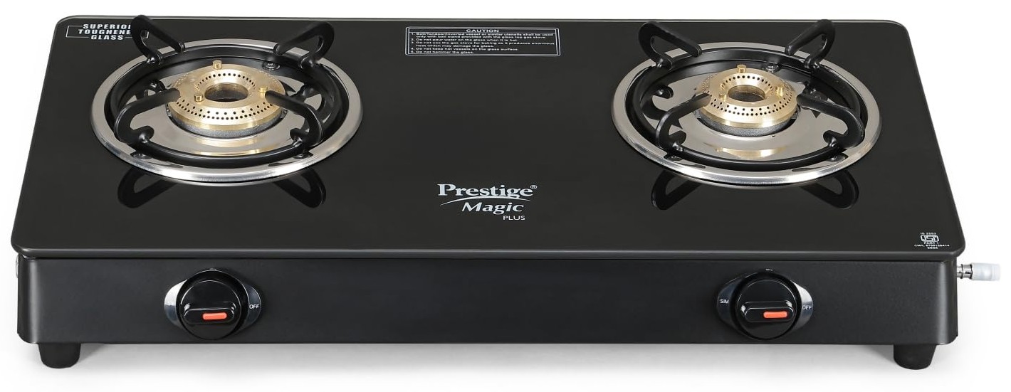 Prestige Magic plus Toughened Glass-Top 2 Brass Burner LPG Gas Stove(GTMP-02) | Black Spill Proof Design | Ergonomic Knob | Tri-Pin Burner