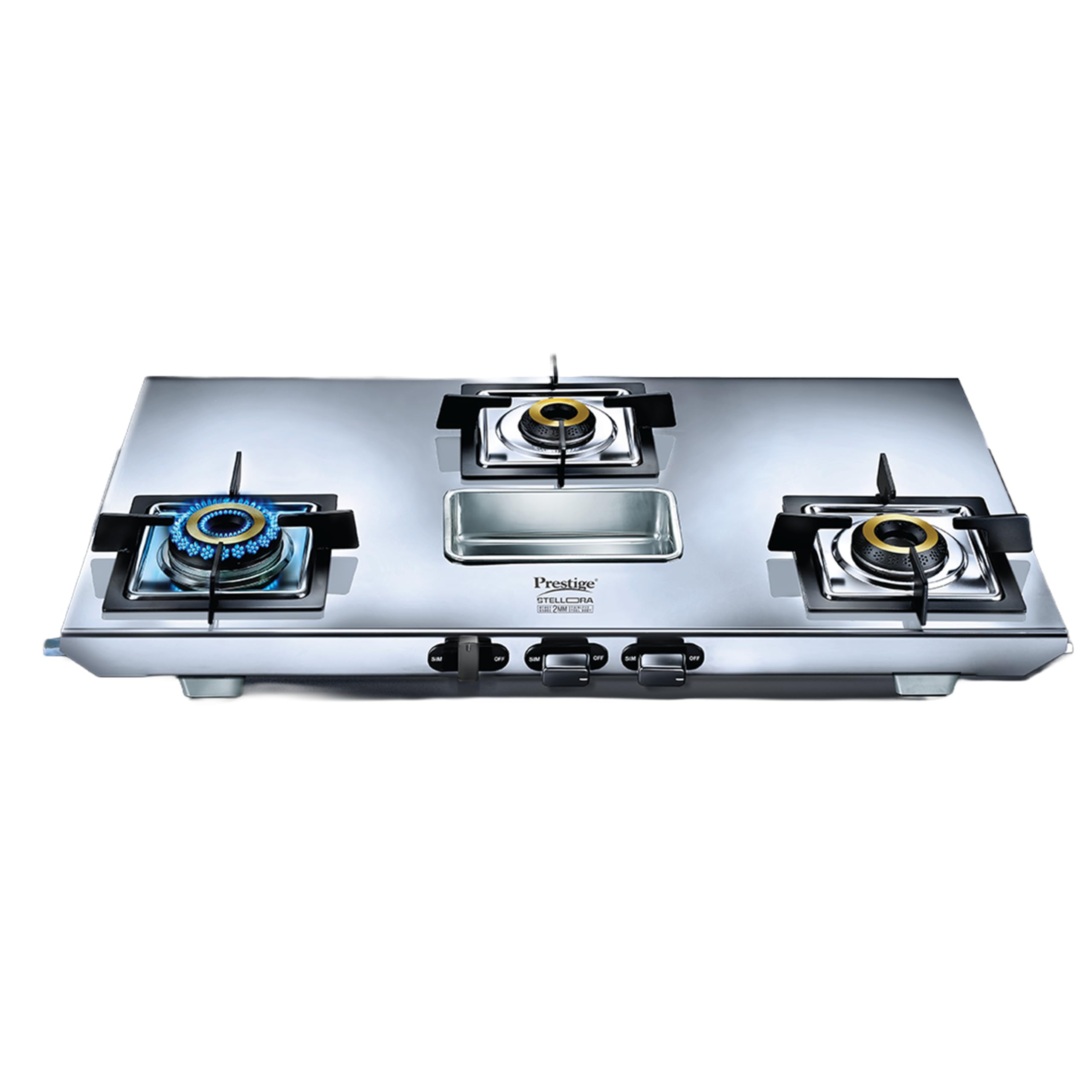 Prestige Stellora 3 Burner Stainless Steel Gas Stove – Designer Forged Brass Burners, 15-Year Body Warranty