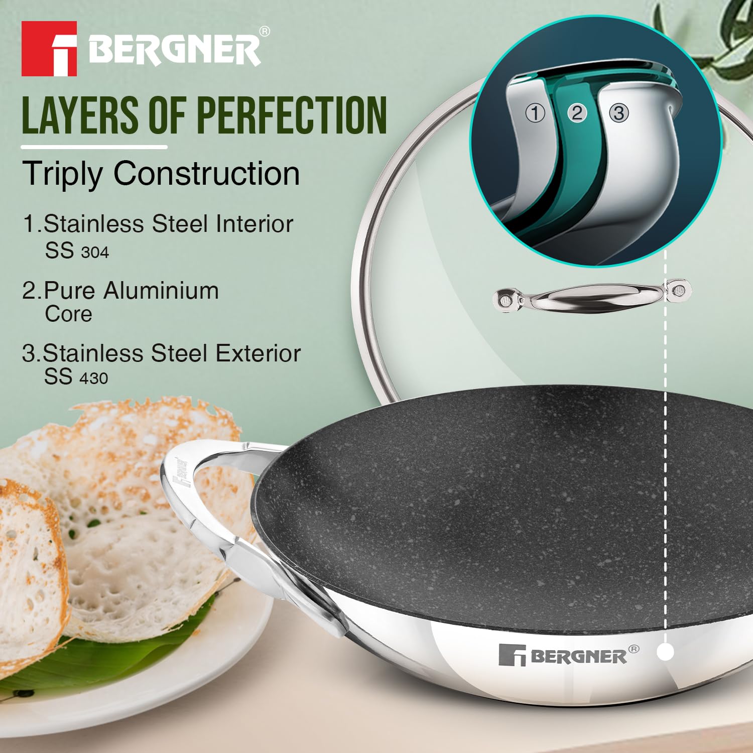 Bergner Argent Samsara Triply Non-Stick Appachetty with Glass Lid