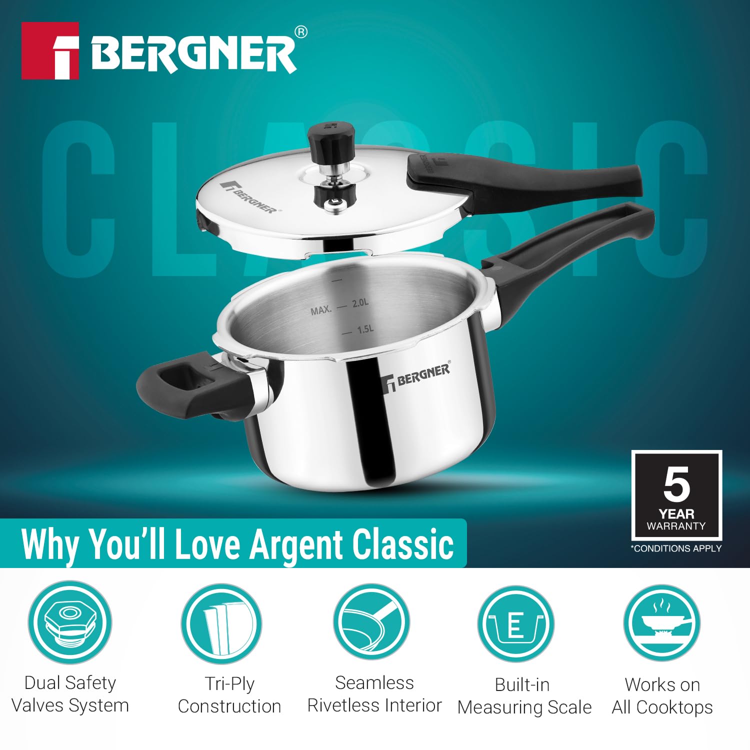 Bergner Argent Triply Stainless Steel Pressure Cooker