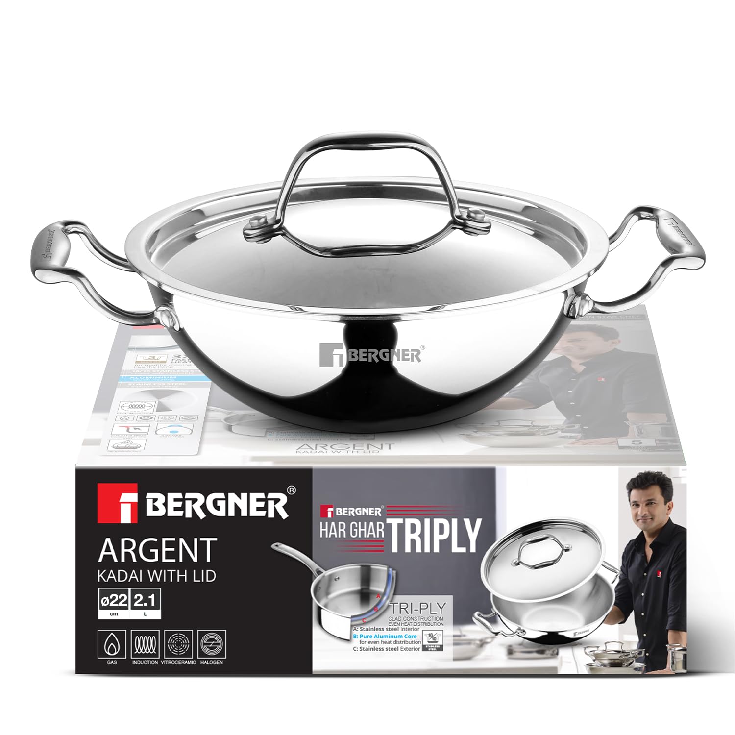 Bergner Argent Kadai with Stainless Steel Lid